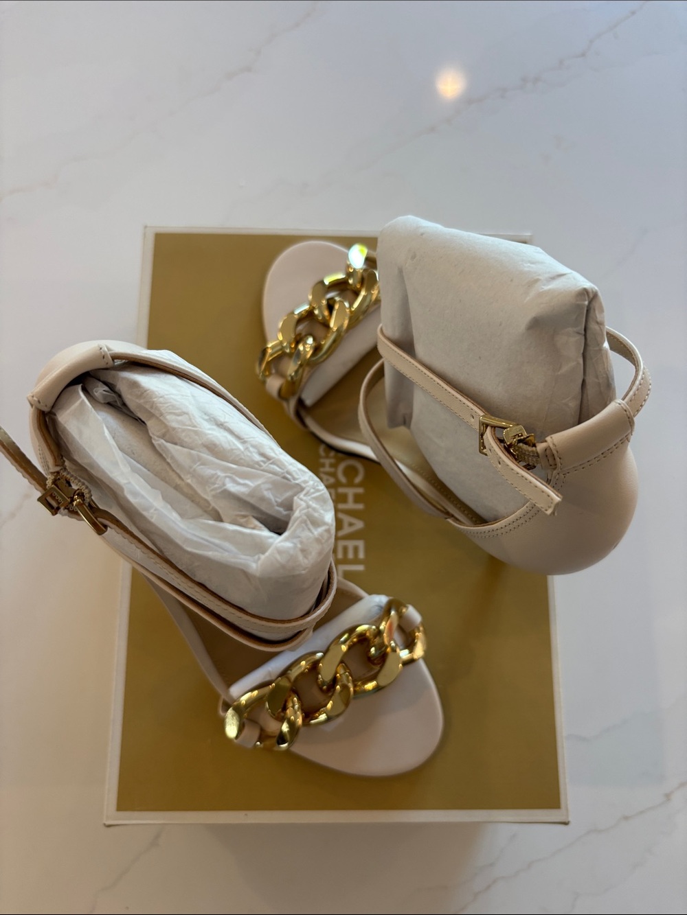 Michael Kors Cream Stiletto Sandal with Gold Chain Accent - Picture 2 of 9